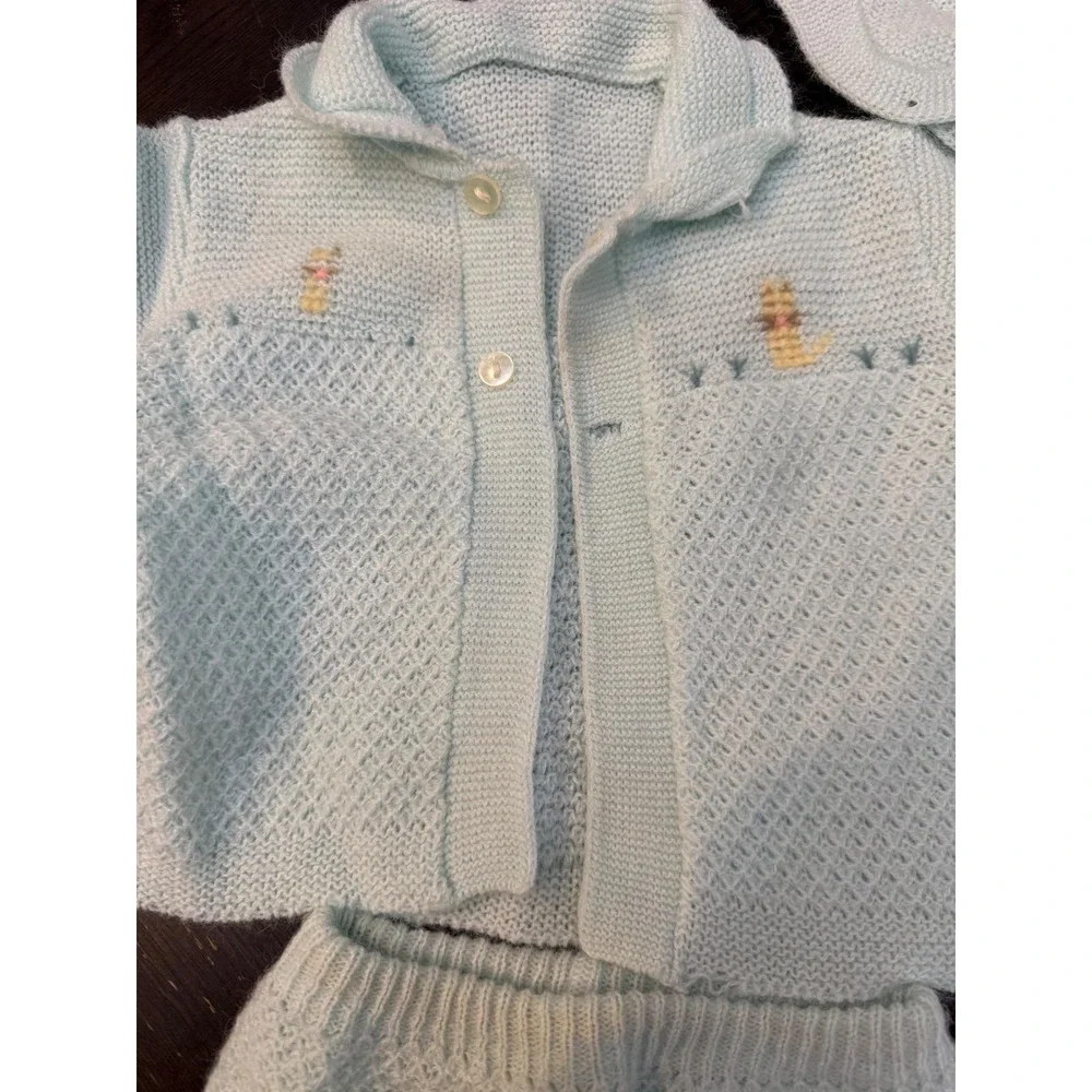 Vintage Renko's Imports Italy Baby Knit Set Blue Cardigan Pants‎ Bonnet Orlon